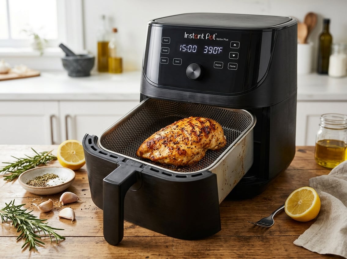 Open air fryer with a perfectly cooked golden-brown chicken breast inside, surrounded by fresh herbs and ingredients on a kitchen countertop.