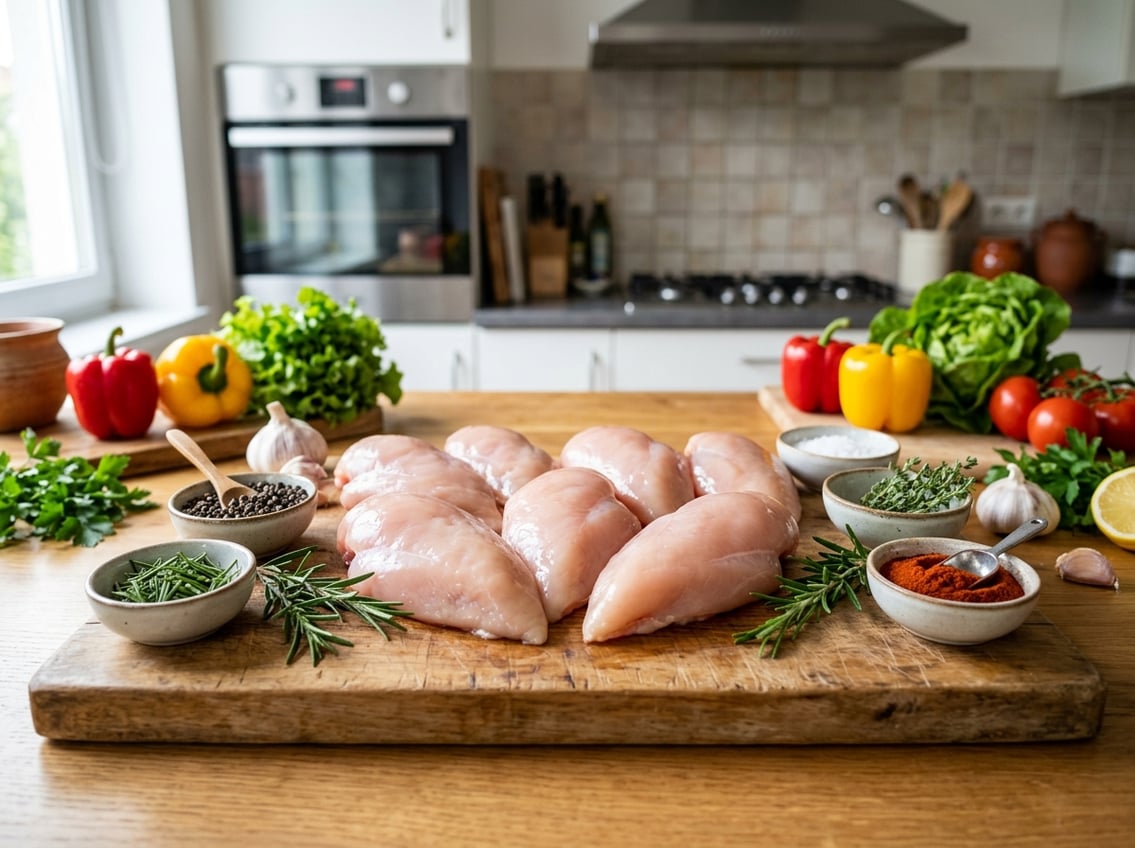 Fresh chicken breasts on a wooden cutting board with herbs and spices, set in a modern kitchen with fresh vegetables in the background.