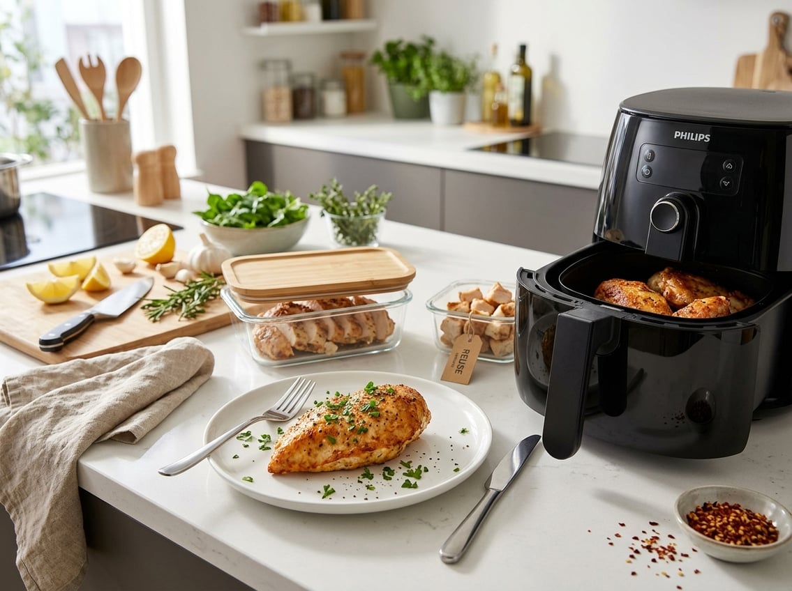 A cooked chicken breast on a plate next to an open air fryer and glass containers with stored cooked chicken on a kitchen countertop.