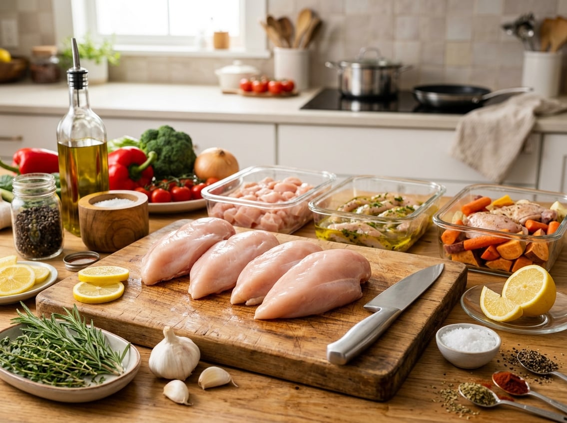 Fresh raw chicken breasts on a cutting board surrounded by herbs, garlic, lemon slices, spices, and kitchen tools in a modern kitchen.