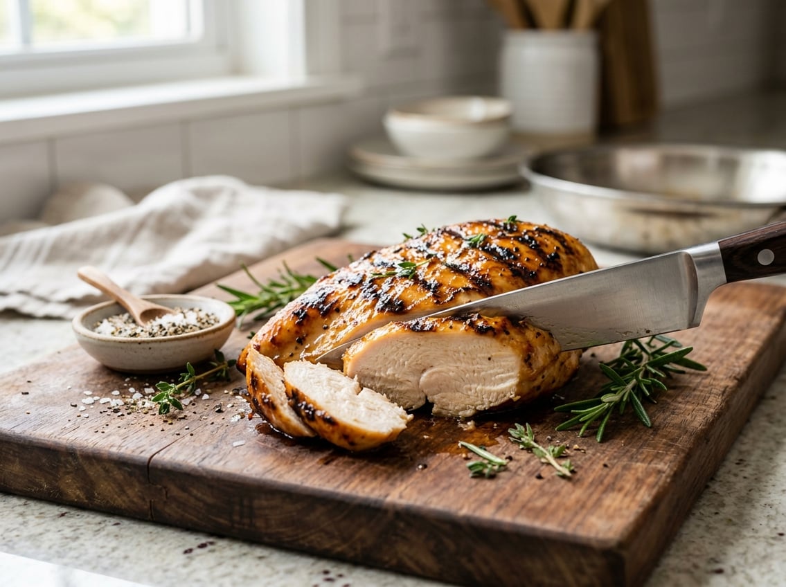 A cooked chicken breast on a cutting board with herbs and a knife, showing the juicy interior.