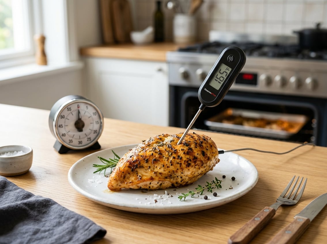A cooked chicken breast on a white plate with a food thermometer inserted, a timer nearby, and fresh herbs on a kitchen countertop.