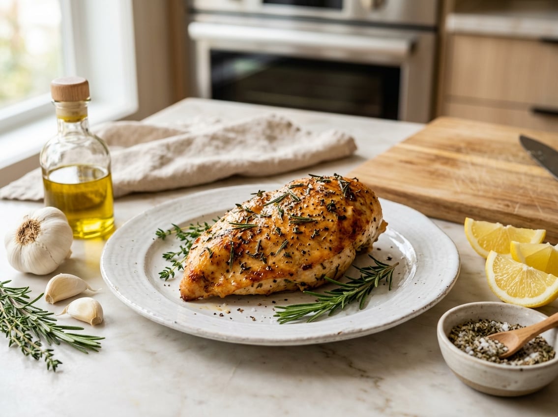 A cooked chicken breast on a white plate garnished with herbs, surrounded by cooking ingredients on a kitchen countertop.