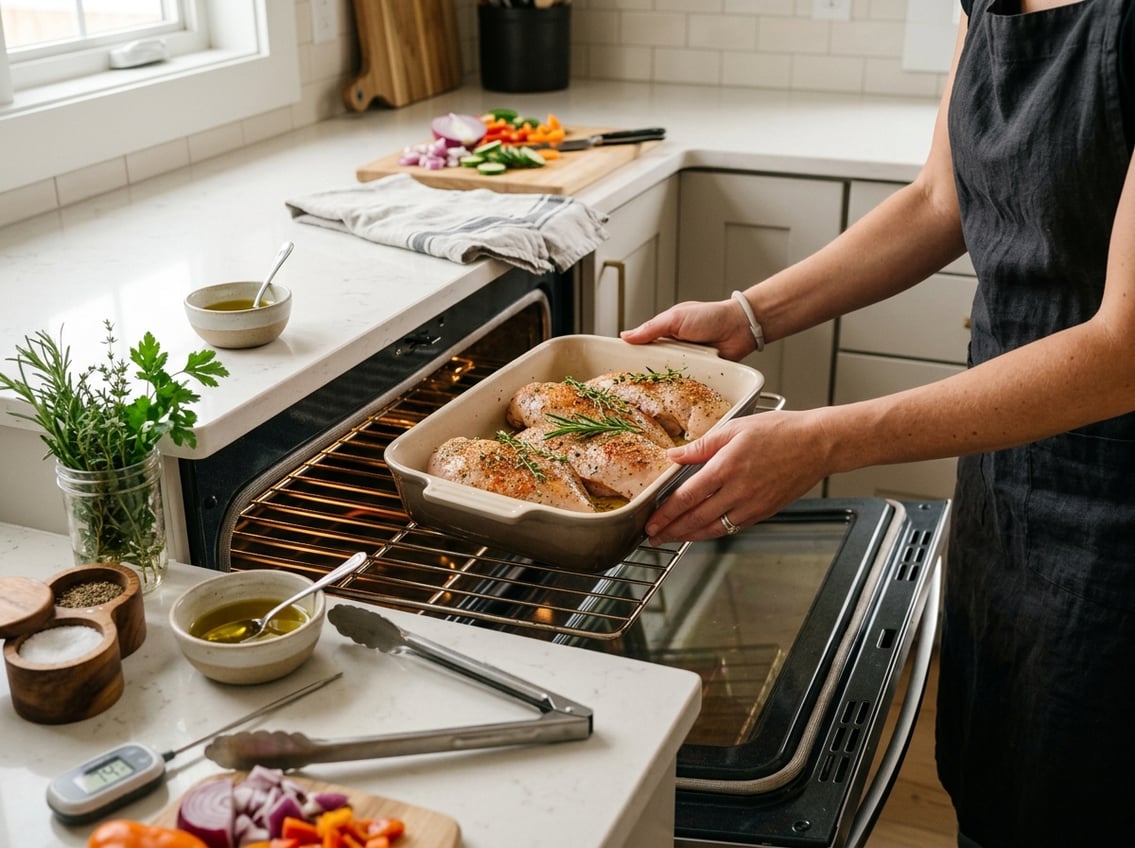 A baking dish with seasoned chicken breasts on a kitchen countertop next to fresh herbs and kitchen utensils, with an open oven ready for cooking.