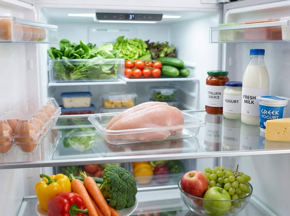 Inside of a clean refrigerator showing fresh chicken breast stored on a shelf with other food items.