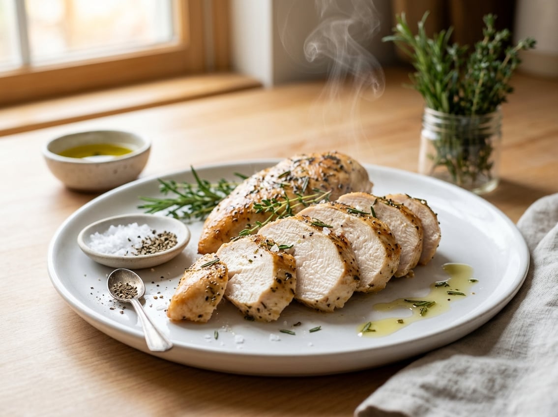 A sliced, juicy chicken breast on a white plate with fresh herbs and seasoning on a kitchen countertop.