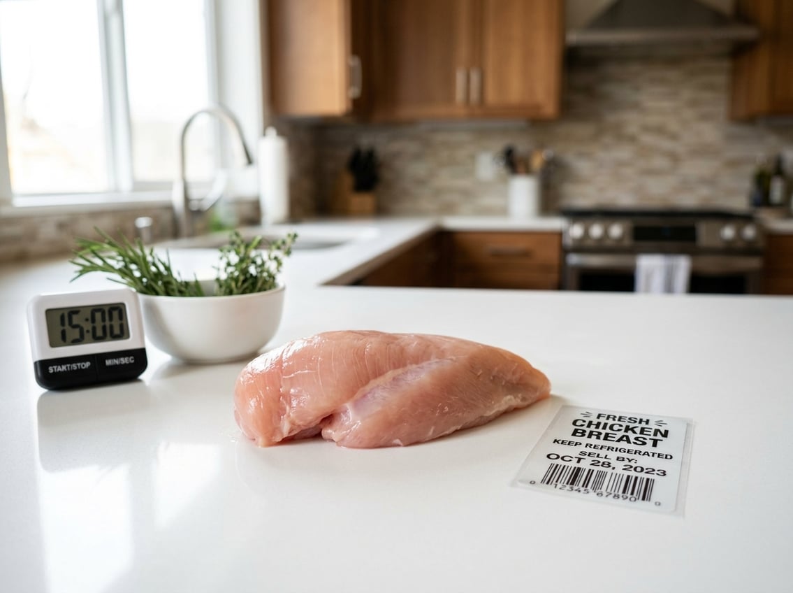 Raw chicken breast on a white kitchen countertop next to a food package with a sell-by date, with a kitchen timer and herbs nearby.