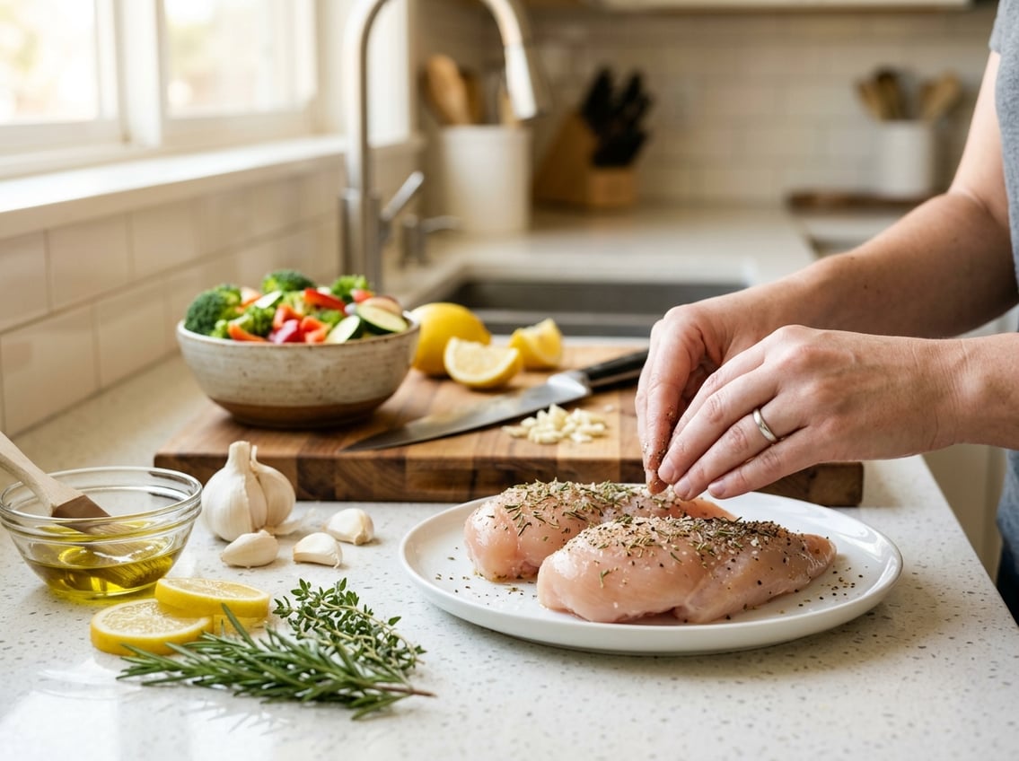 Hands seasoning raw chicken breasts on a kitchen countertop surrounded by fresh herbs, lemon slices, garlic, and cooking utensils.