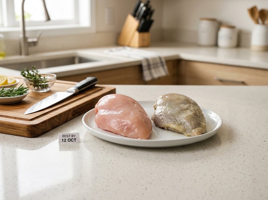 Fresh and spoiled chicken breasts placed side by side on a kitchen countertop with a calendar in the background.