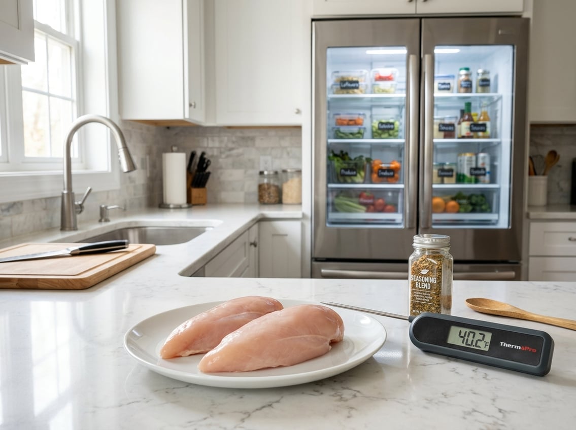 A kitchen countertop with raw chicken breasts on a plate, a food thermometer, and a refrigerator in the background showing organized food storage.