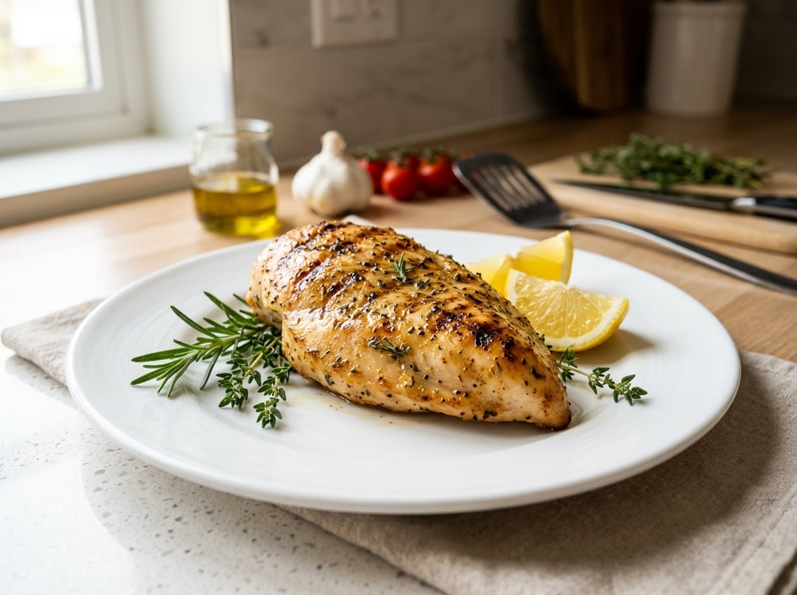 A cooked chicken breast on a white plate garnished with herbs and lemon wedges on a kitchen countertop.