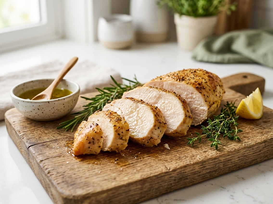 Sliced juicy chicken breast on a wooden cutting board with fresh herbs and lemon wedge nearby.