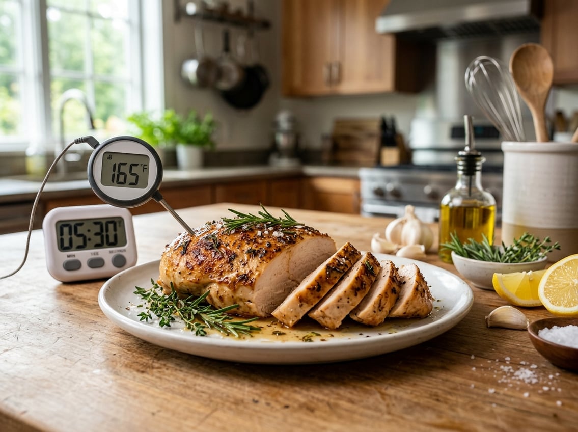 A cooked chicken breast garnished with herbs on a plate, surrounded by cooking ingredients and kitchen tools on a countertop.