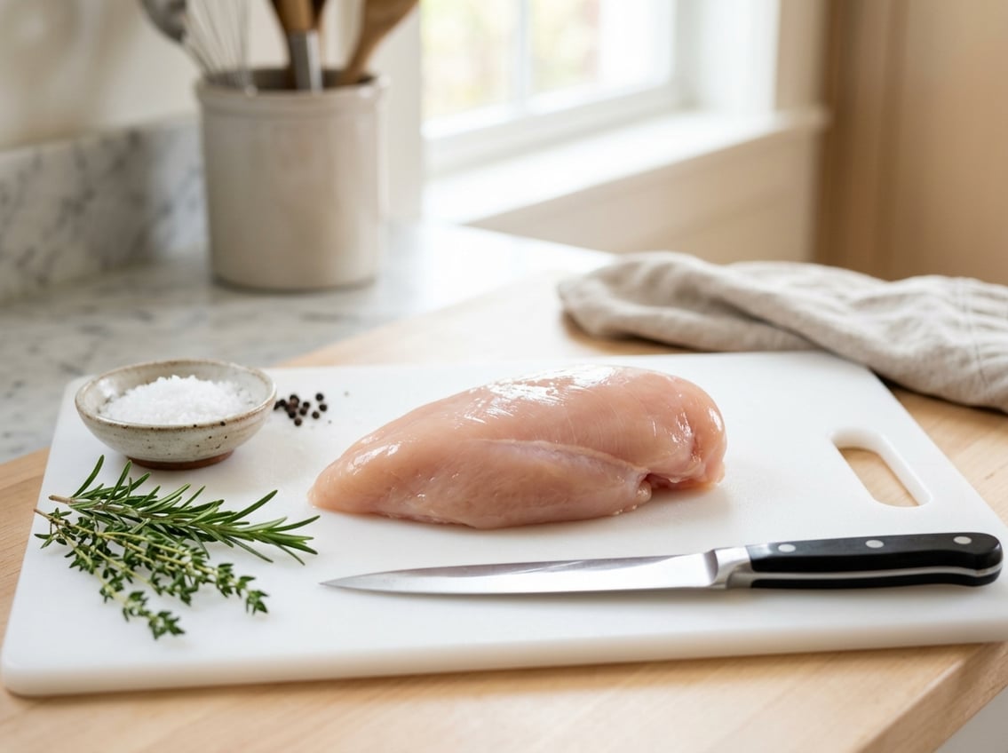 Raw chicken breast with slight pinkness on a white cutting board surrounded by herbs and a kitchen knife.