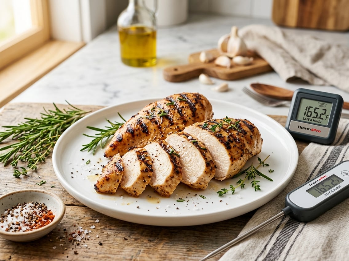 A sliced cooked chicken breast on a white plate with fresh herbs and a kitchen thermometer on a countertop.