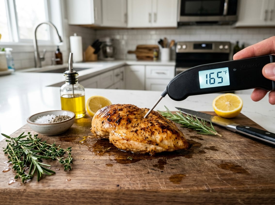 A cooked chicken breast on a cutting board with a meat thermometer inserted, surrounded by fresh herbs and lemon in a kitchen.