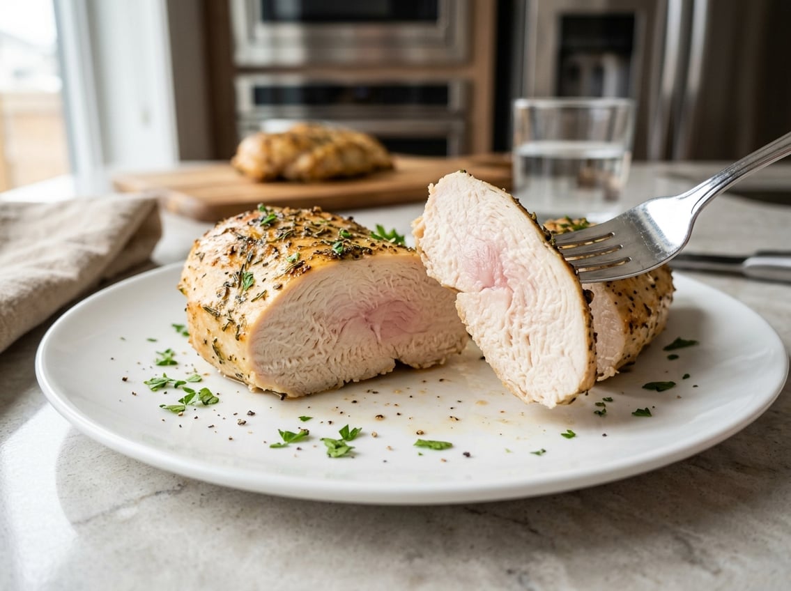 A sliced cooked chicken breast on a white plate showing a slightly pink center, with a fork holding a piece.