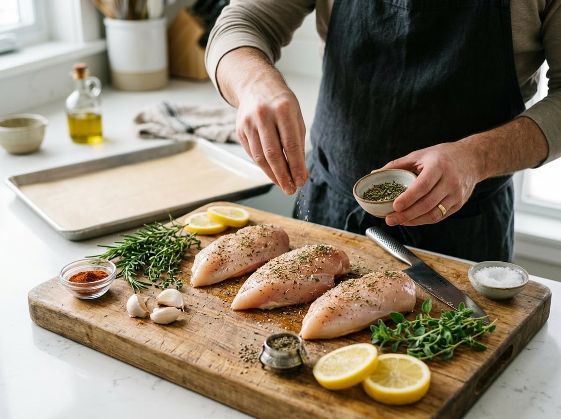 Raw chicken breasts on a cutting board with herbs, spices, garlic, and lemon slices in a kitchen setting ready for baking preparation.