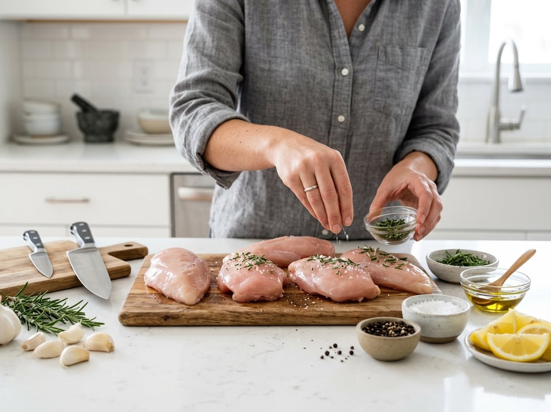 Hands seasoning raw chicken breasts with herbs and salt on a kitchen countertop surrounded by fresh ingredients and cooking tools.