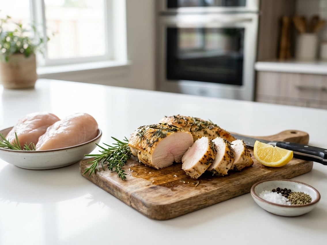 Close-up of sliced cooked chicken breast with a slightly pink center on a white countertop, surrounded by fresh herbs and lemon in a kitchen setting.