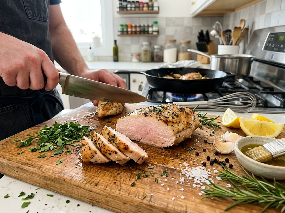 Close-up of a sliced chicken breast with a slightly pink center on a wooden cutting board surrounded by fresh herbs and lemon wedges in a kitchen.