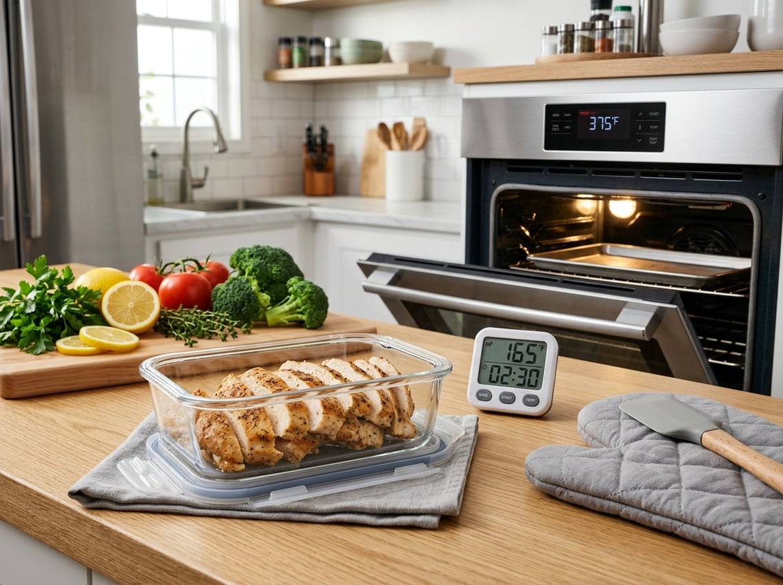A kitchen scene showing sliced baked chicken breast stored in a glass container with kitchen tools and an oven in the background.