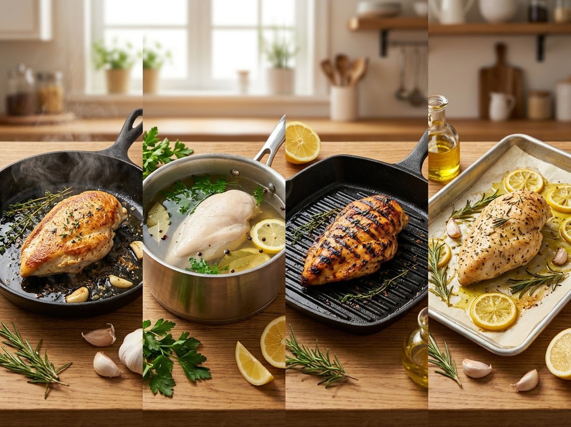 Four different cooked chicken breasts prepared using pan-searing, poaching, grilling, and baking methods displayed on a kitchen countertop with fresh herbs and lemon slices.