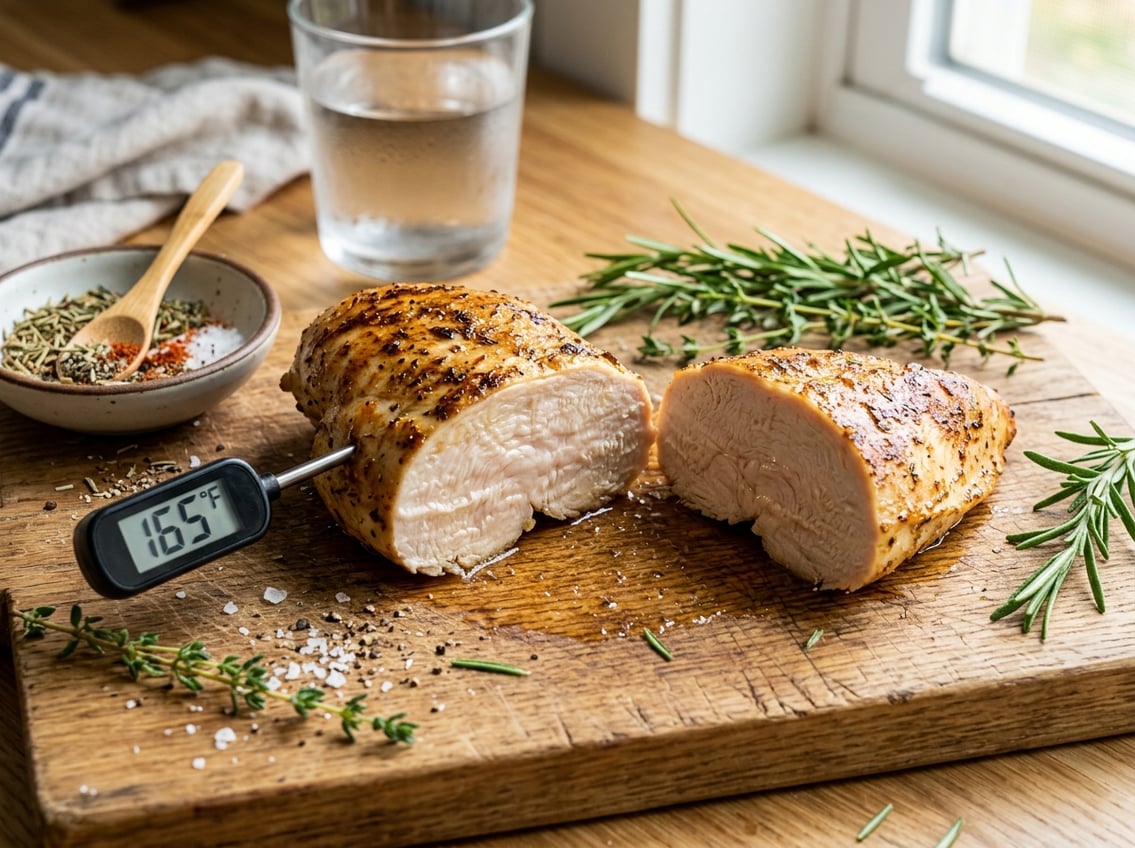 Sliced cooked chicken breast resting on a cutting board with herbs and a meat thermometer.