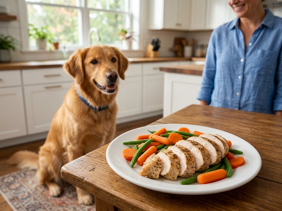 A cooked chicken breast on a plate with vegetables and a dog looking at the food in a kitchen.