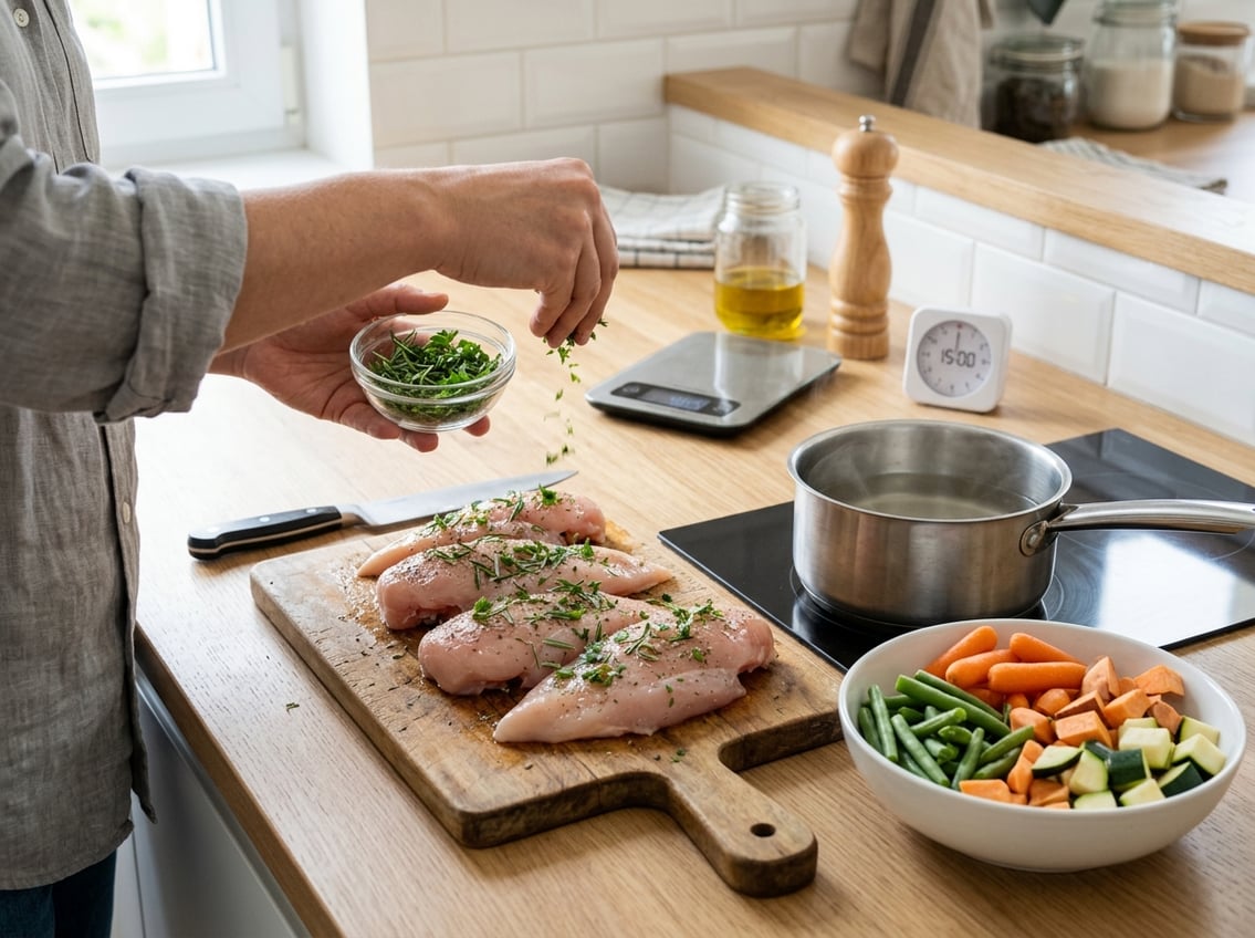 Hands preparing raw chicken breasts with fresh herbs and vegetables on a kitchen countertop.