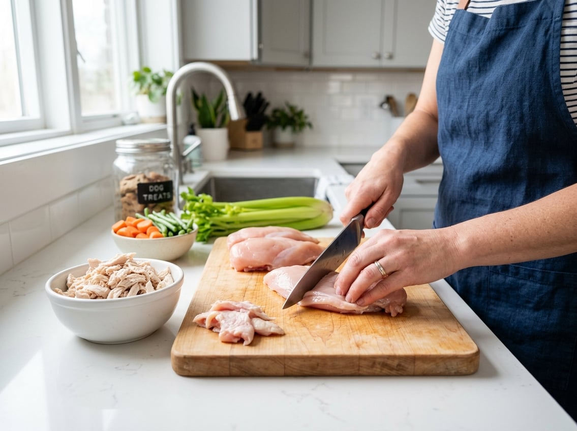Hands preparing raw chicken breast on a cutting board with cooked shredded chicken and fresh vegetables nearby in a kitchen.