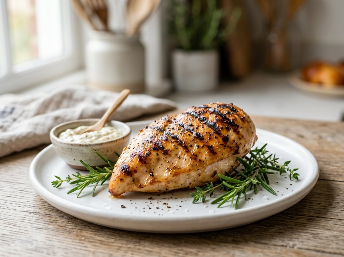 A juicy, perfectly cooked chicken breast on a white plate with fresh herbs and a small bowl of sauce in a bright kitchen.