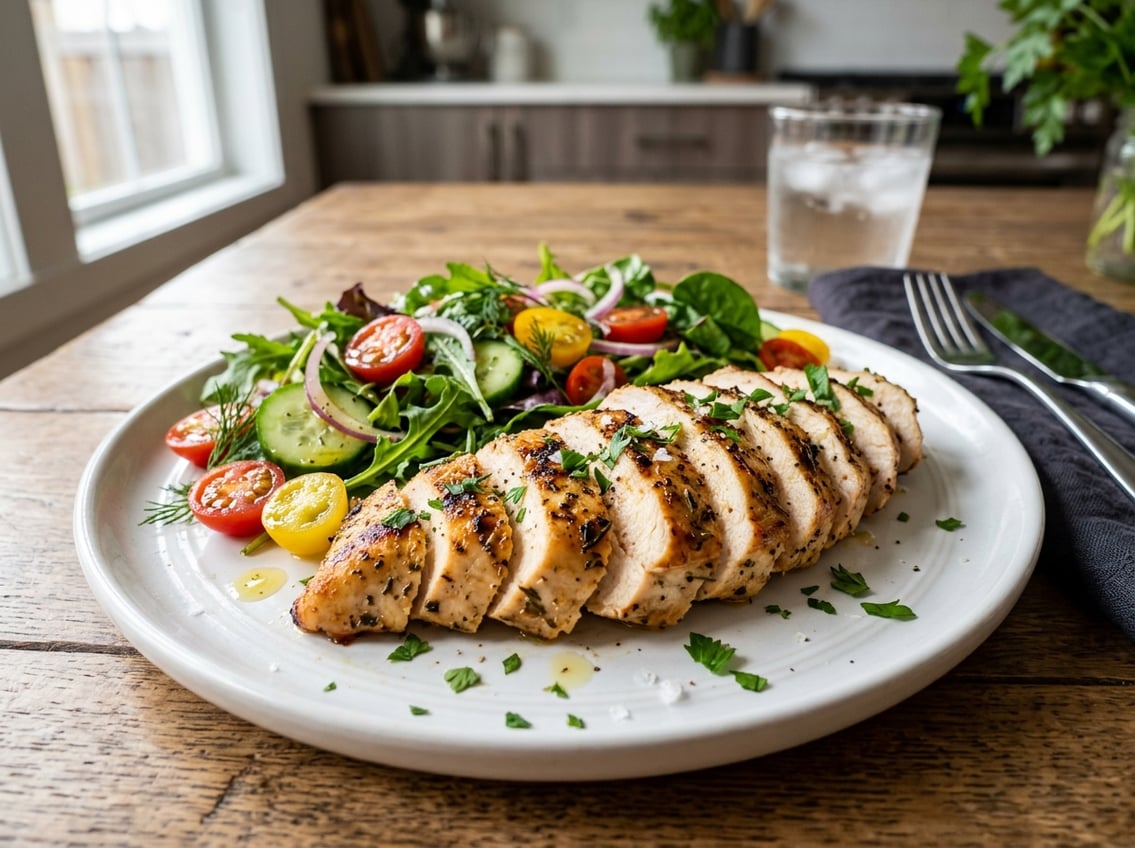 Sliced cooked chicken breast served on a plate with fresh mixed greens and salad vegetables.
