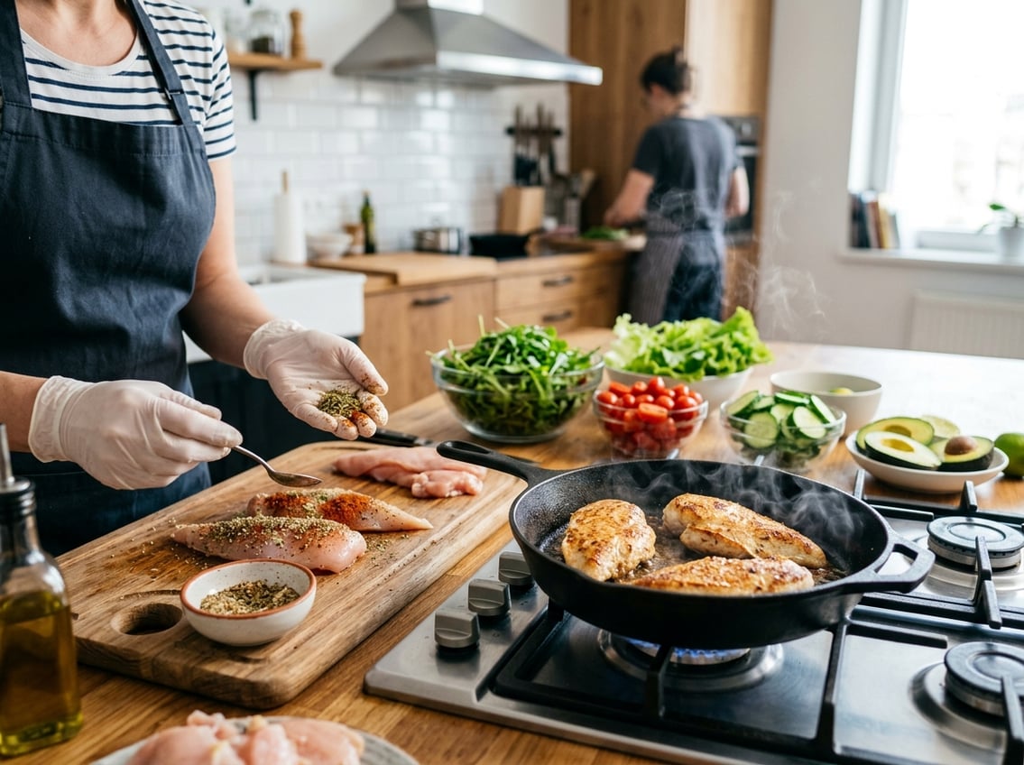 Hands seasoning chicken breasts on a cutting board with a skillet cooking chicken and fresh salad ingredients arranged nearby.