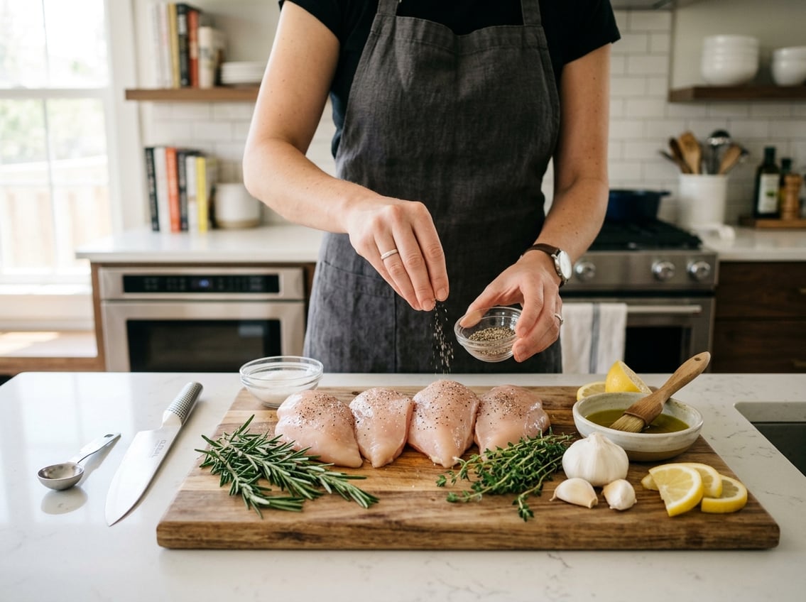 Fresh raw chicken breasts on a cutting board with herbs, garlic, and lemon slices, and hands seasoning the chicken in a kitchen.