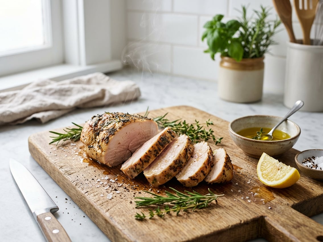 Sliced juicy chicken breast on a wooden cutting board with fresh herbs, lemon wedge, and olive oil in a bright kitchen.