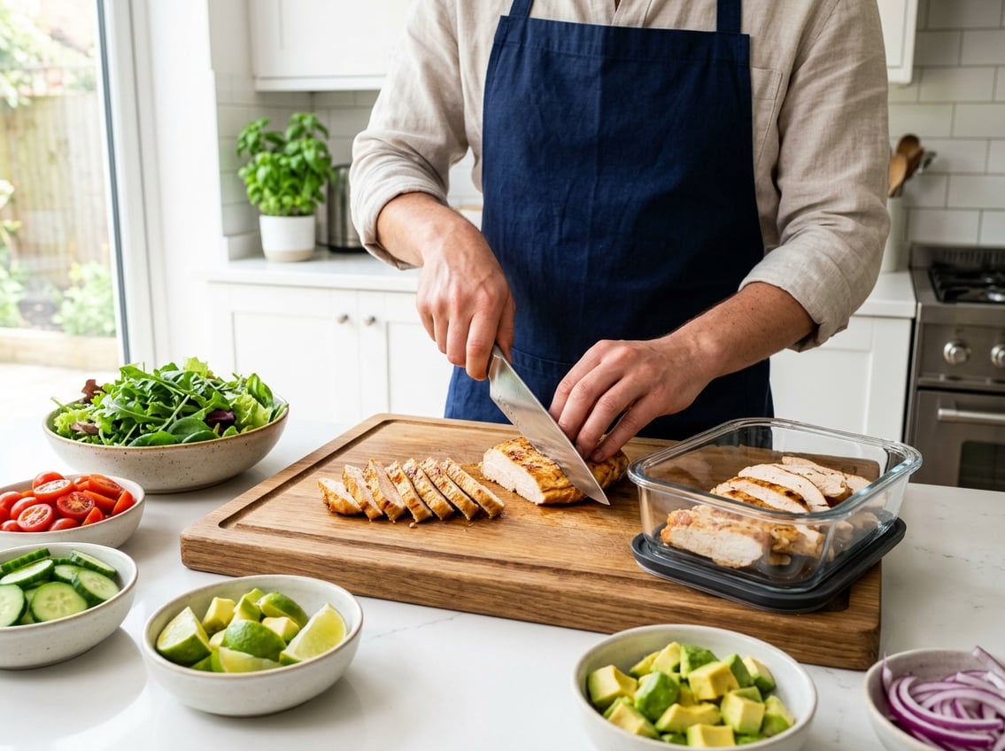 Person slicing cooked chicken breast on a kitchen countertop with fresh salad ingredients and a glass container of sliced chicken nearby.