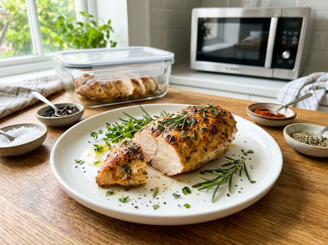 A juicy cooked chicken breast on a white plate garnished with fresh herbs, with bowls of seasonings nearby and a glass container of stored chicken in a bright kitchen setting.