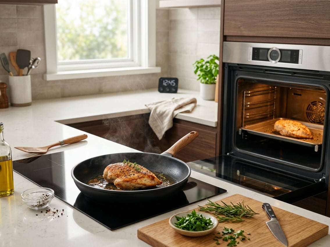 A frying pan with a cooked chicken breast on a kitchen countertop next to an open oven with a baking tray inside, surrounded by fresh herbs and cooking utensils.
