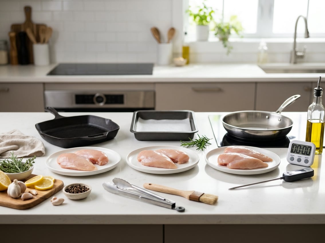 Various raw chicken breast cuts arranged on plates with kitchen tools and herbs on a countertop in a modern kitchen.