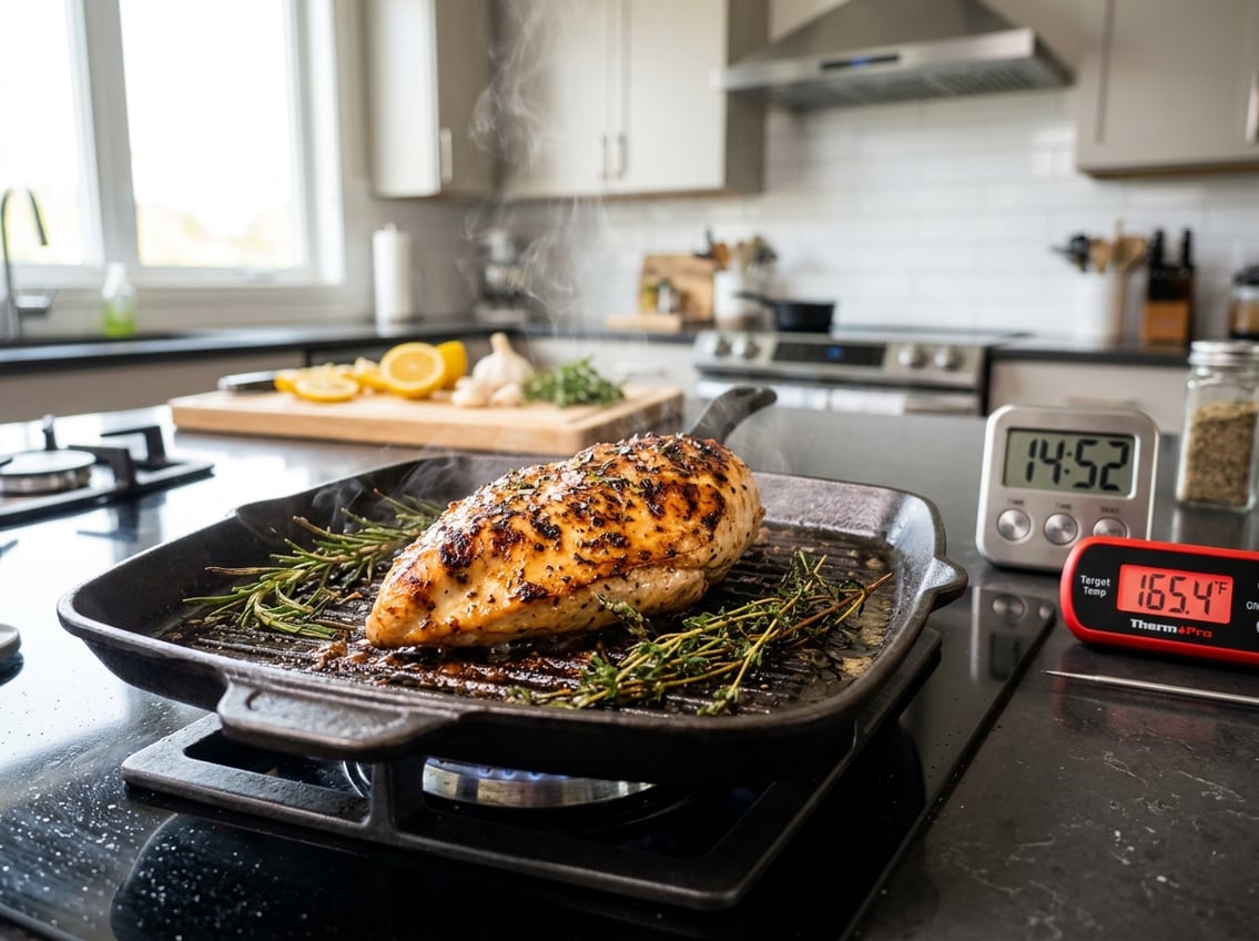 A juicy chicken breast cooking on a stovetop grill pan with fresh herbs nearby in a clean kitchen.