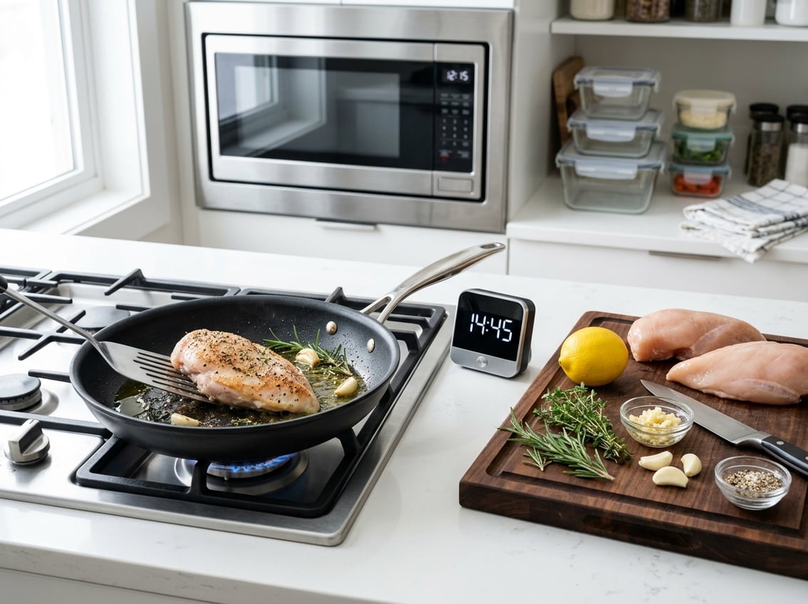 A kitchen scene showing a chicken breast cooking in a skillet on a stovetop with fresh ingredients and storage containers nearby.