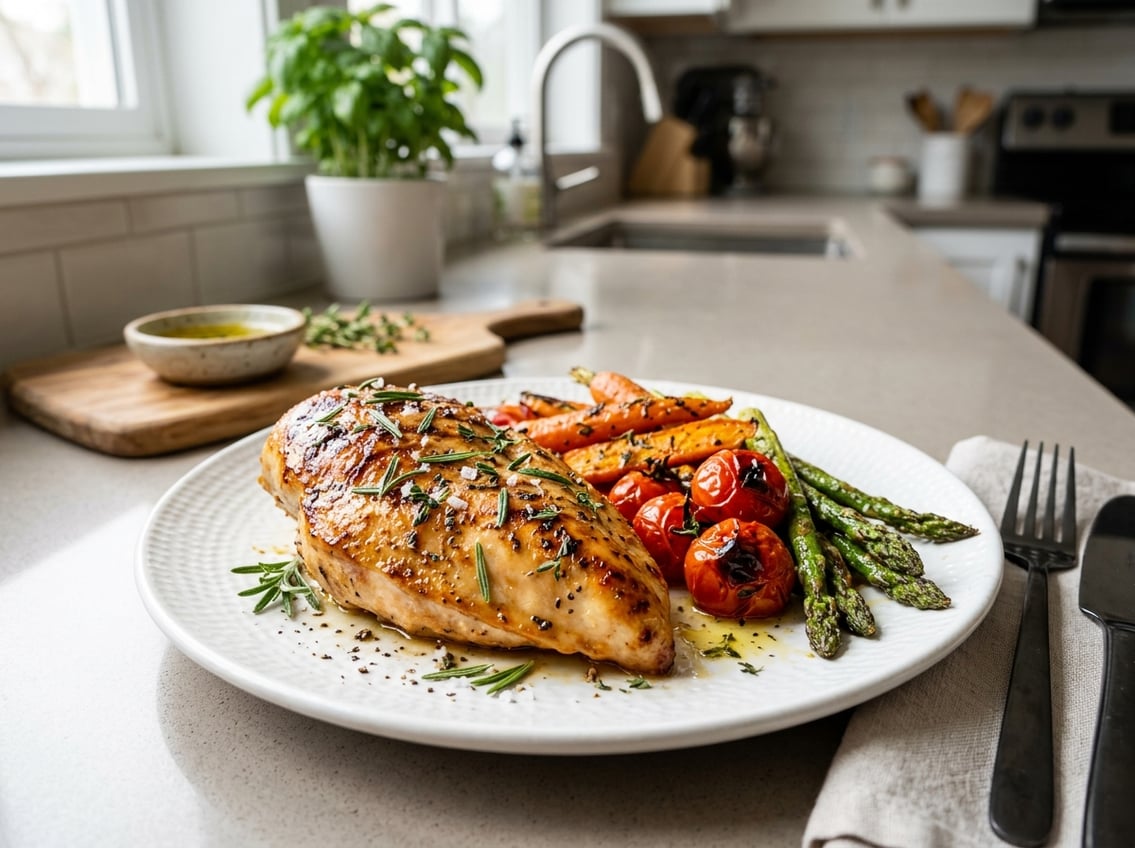 A juicy oven-baked chicken breast on a plate garnished with fresh herbs and served with roasted vegetables.