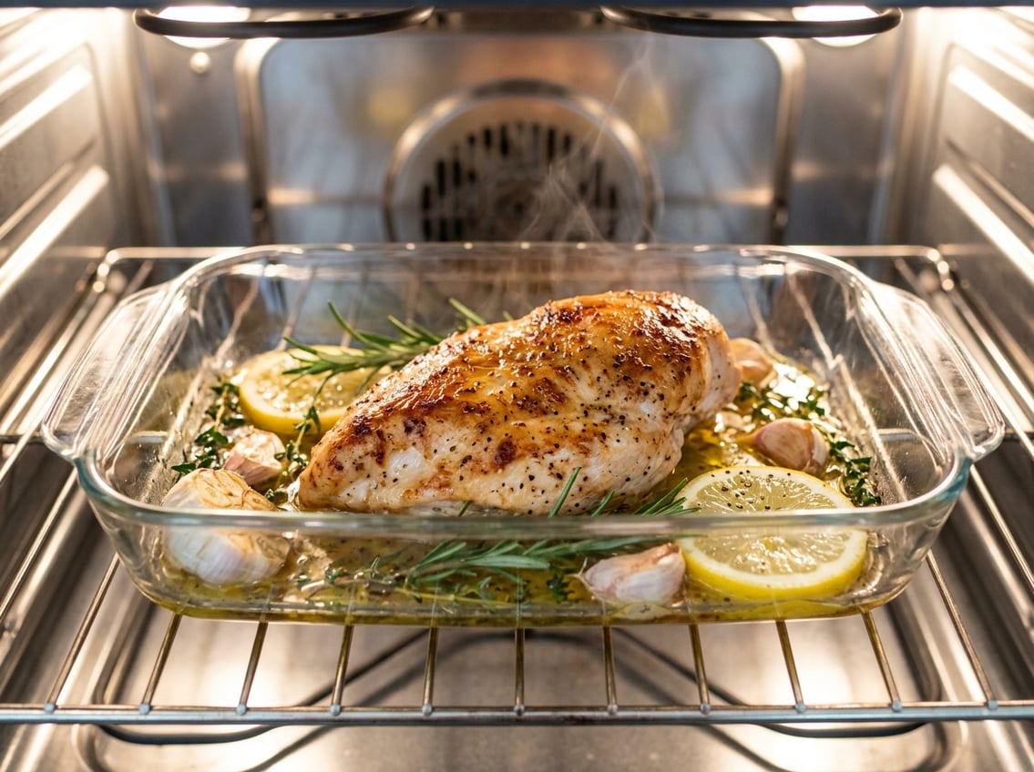 A juicy, golden-brown chicken breast in a glass baking dish with herbs and lemon slices inside an oven.