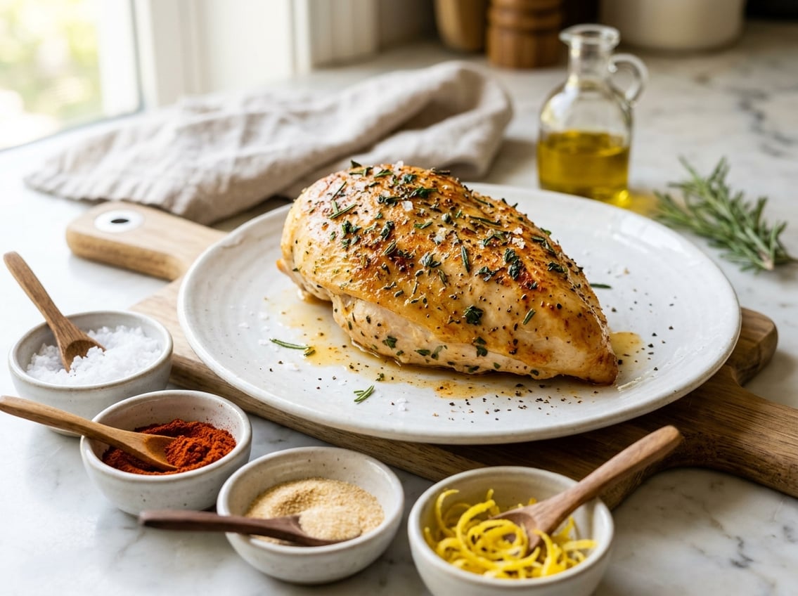 A cooked chicken breast on a plate with fresh herbs and small bowls of seasonings on a kitchen countertop.