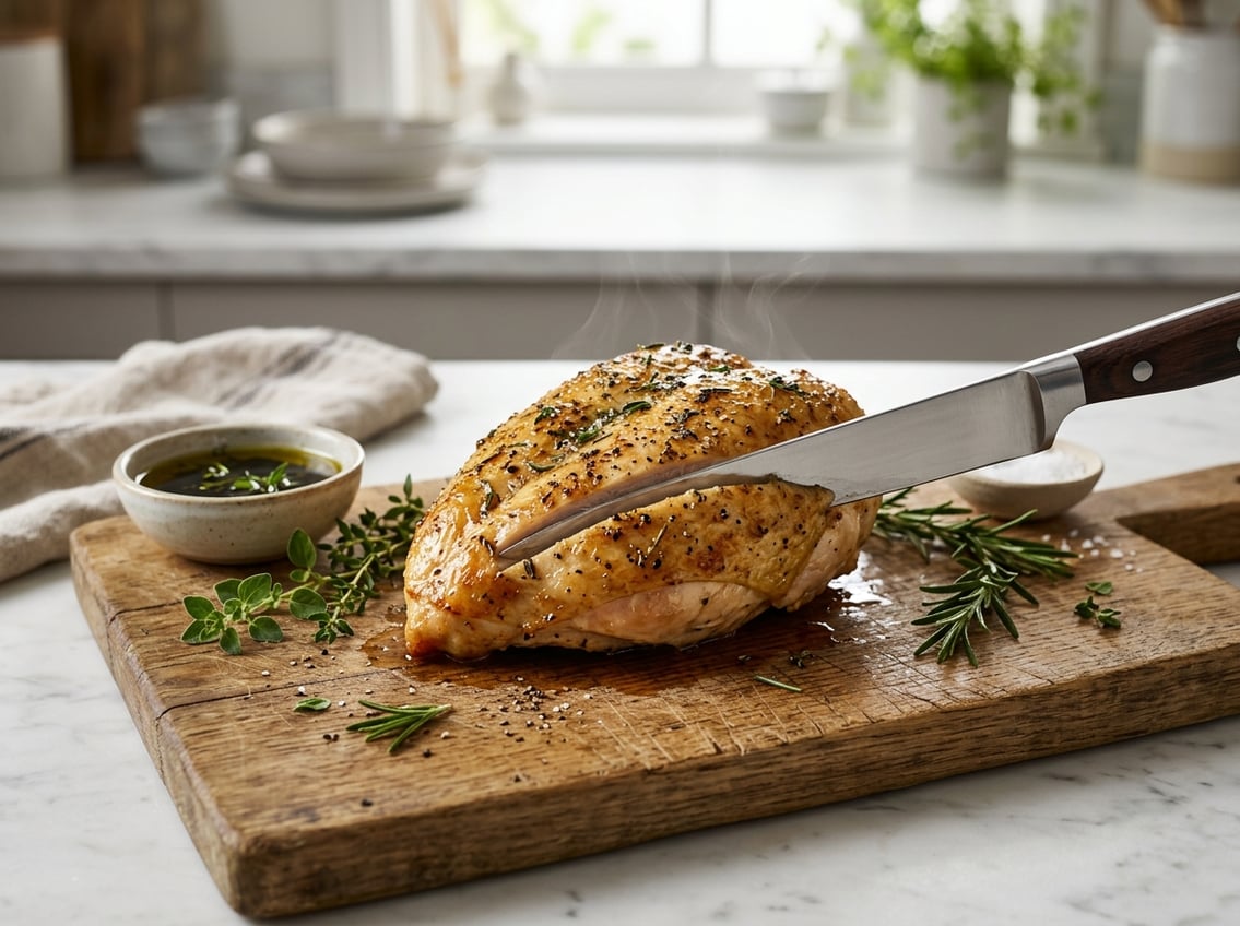 A juicy cooked chicken breast resting on a wooden cutting board with fresh herbs and a carving knife nearby.