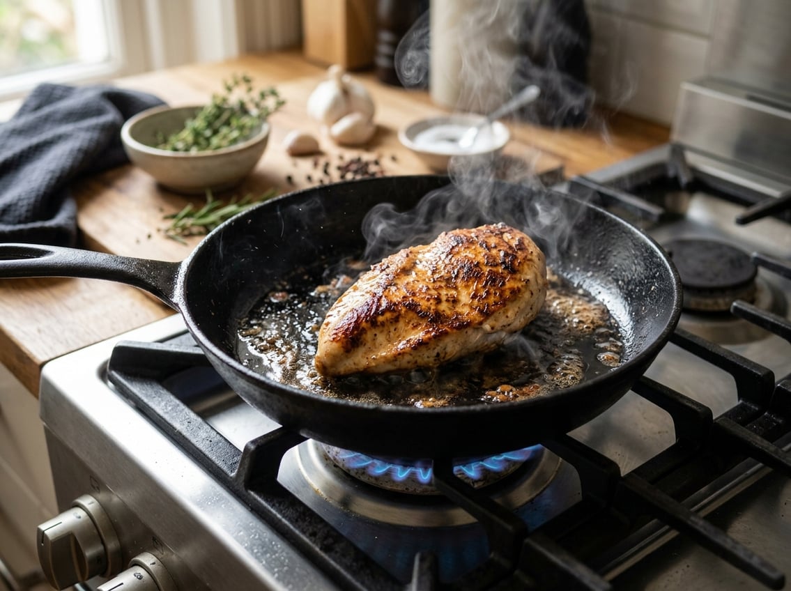 Close-up of a chicken breast cooking in a frying pan on a stovetop with steam rising and fresh ingredients blurred in the background.