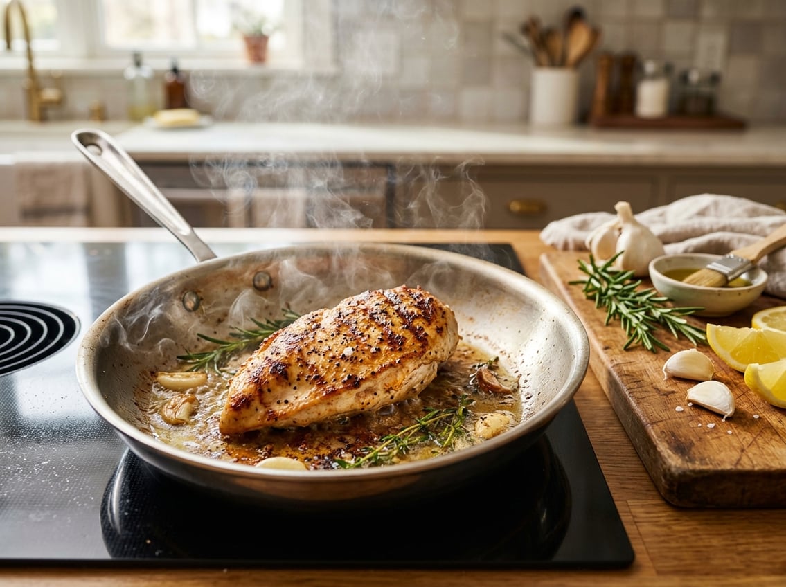 Close-up of a cooked chicken breast in a frying pan with fresh herbs and lemon wedges nearby on a kitchen countertop.