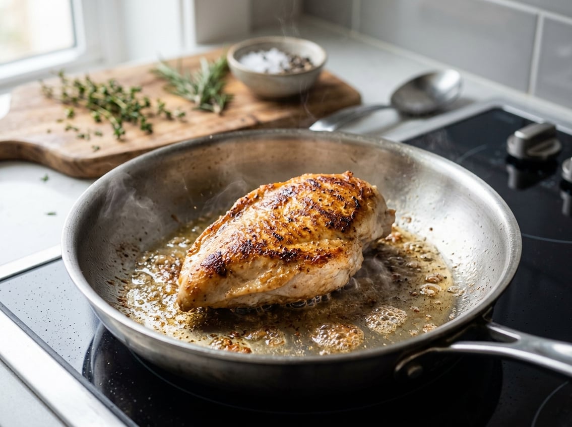 Close-up of a chicken breast cooking in a pan on a stovetop with kitchen items blurred in the background.