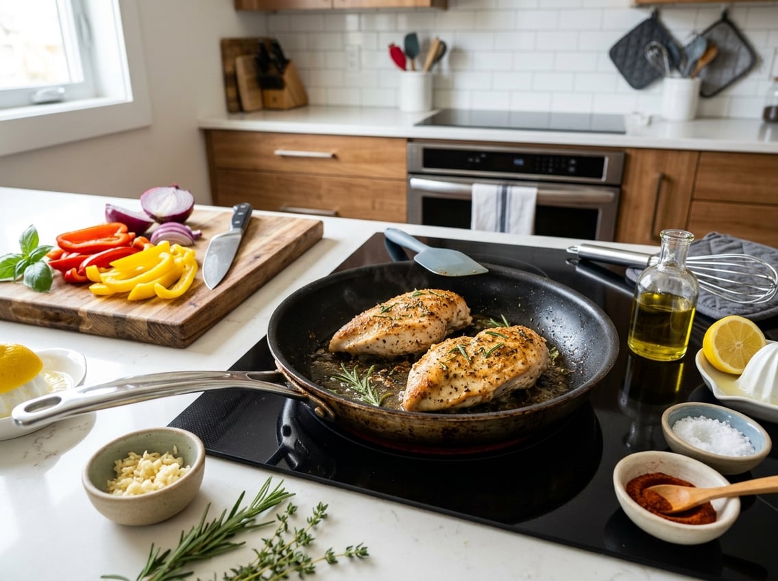 Close-up of chicken breasts cooking in a pan on a stovetop with fresh ingredients and cooking utensils nearby.